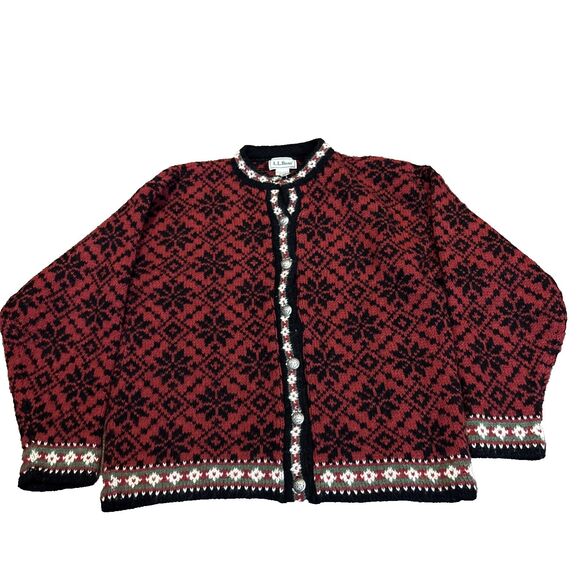 Vintage LL Bean Nordic Snowflake Wool Blend Cardigan Sweater M Made In USA - Picture 1 of 7